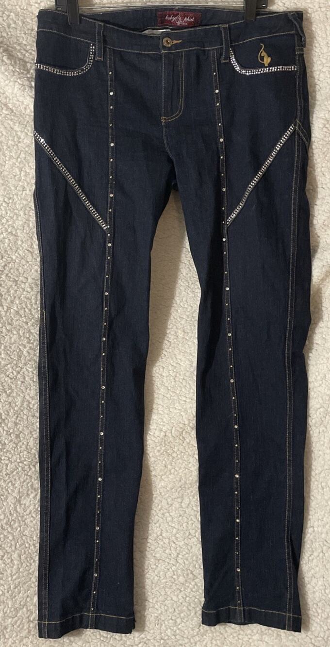 Vintage Baby Phat Rhinestone Cat Logo Straight Jeans Y2K Bling Dark Wash Size 13